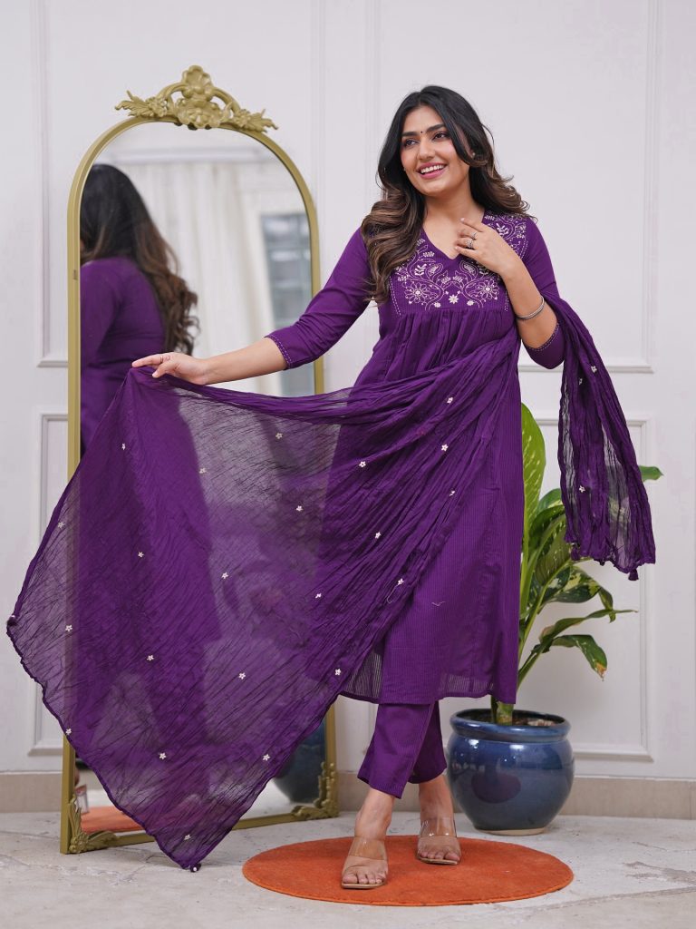 Embroidered Kurta With Pant And Duppata Set