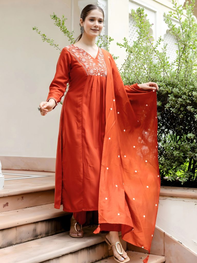 Embroidered Kurta With Pant And Duppata Set
